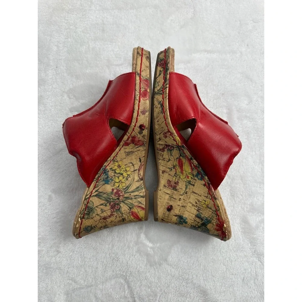 BOC Born Concept Red Leather Floral Cork Wedge Mules Women's Size 8M